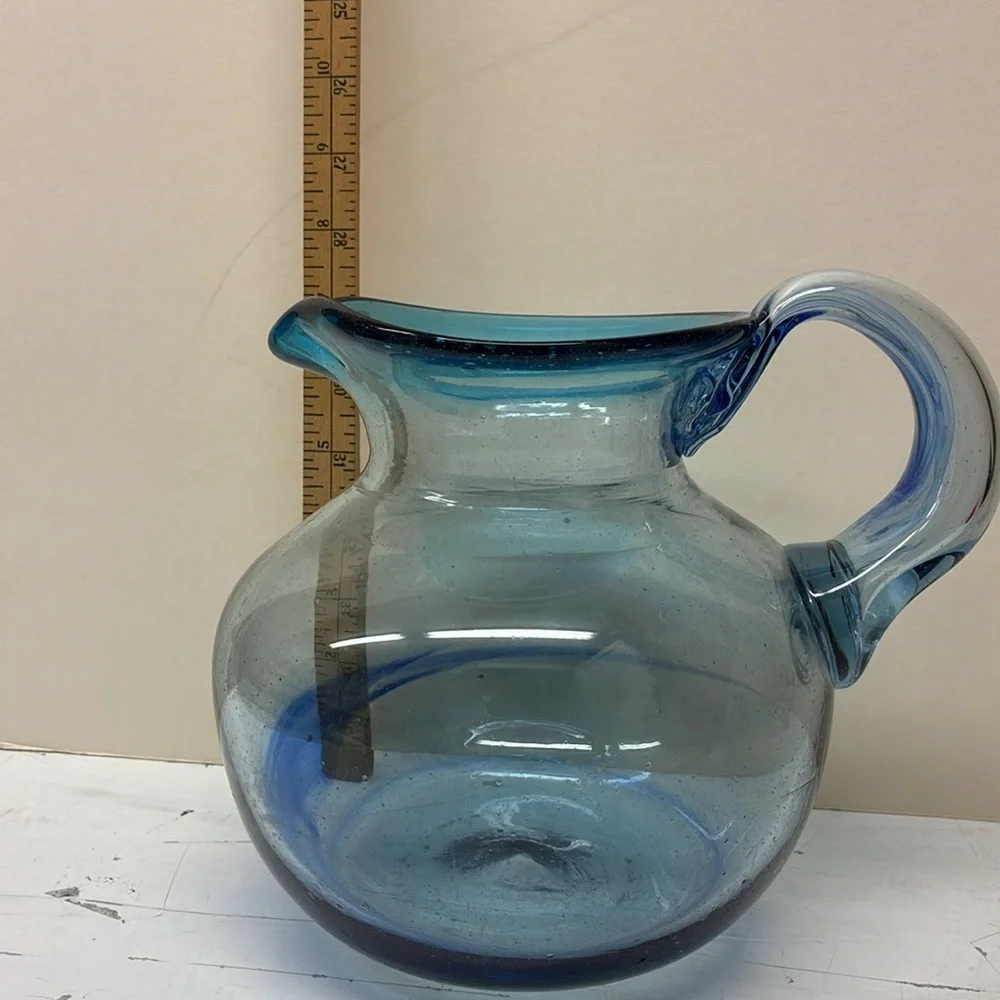Hand Blown Blue Swirl Pitcher W/ Applied Handle Elegant Blue Glass Pitcher